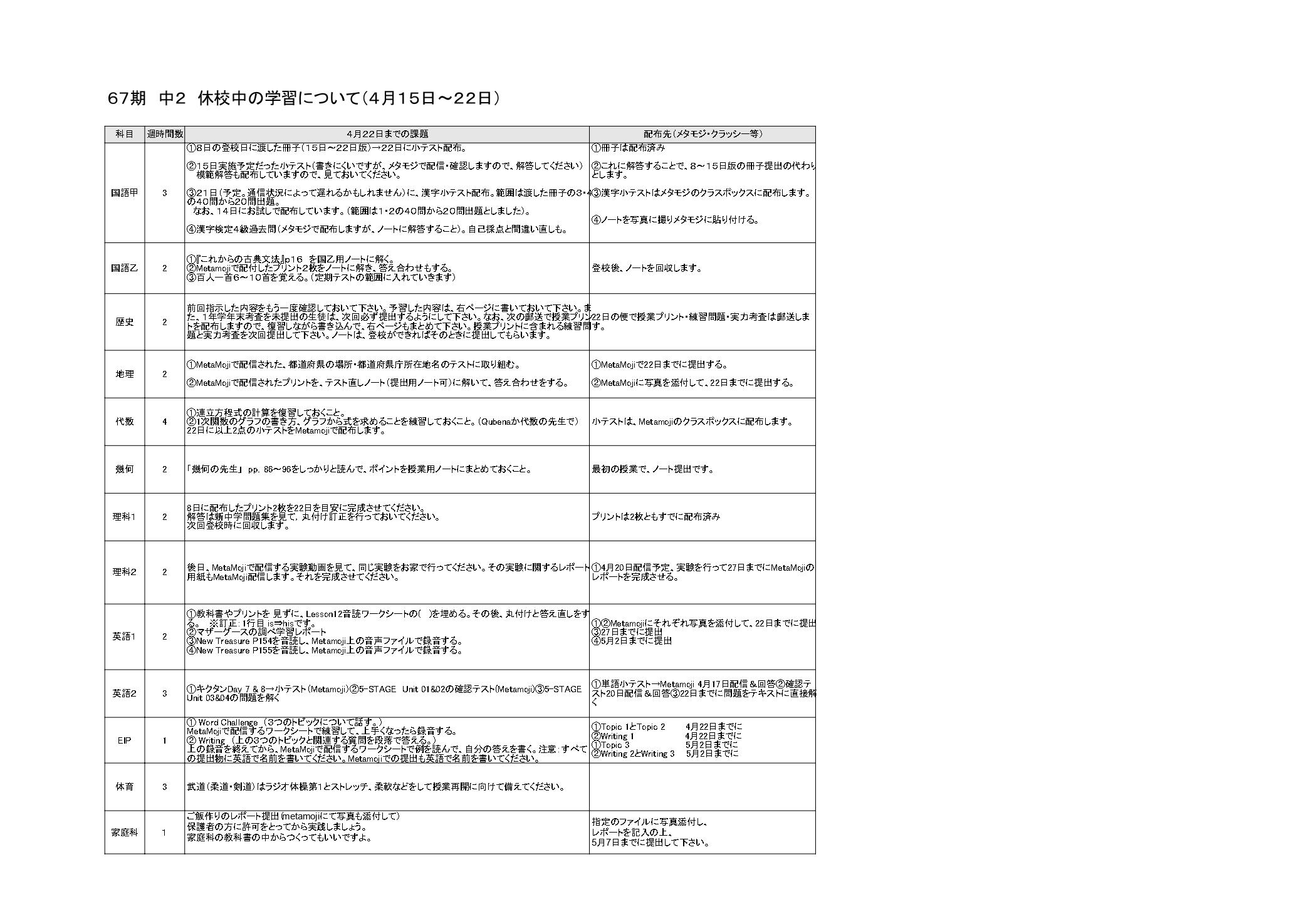 15日からの学習計画表 中2学年だより 学校ブログ 雲雀丘学園中学校 高等学校